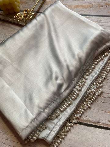 Grey Satin Silk Handmade Tassels On Pallu