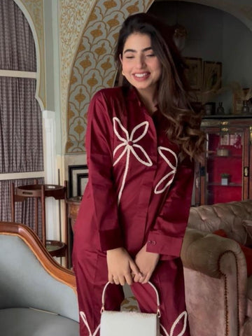 Wine Italian Cotton Co-ord Set With Lace detaling