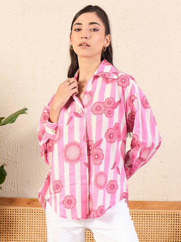 Printed Asymmetrical Cotton Pink Shirt