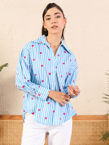 Printed Asymmetrical Cotton Blue Shirt