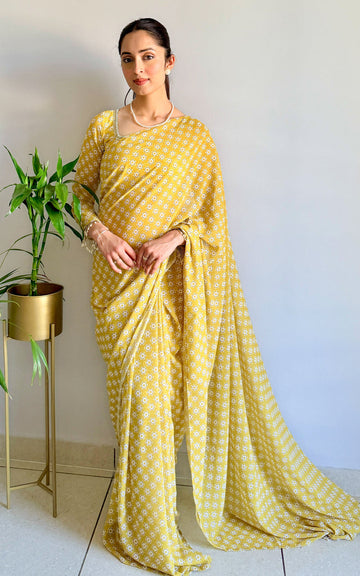Lime Starry Mirror and Pearl Detail Stitched Saree