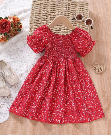Red Color Floral Printed Short Sleeve Midi Girls Dress