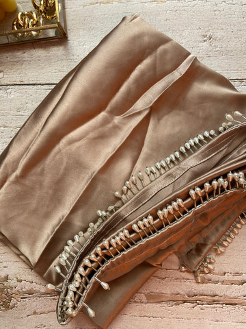 Rose Gold Satin Silk Saree With Handmade Tassels On Pallu