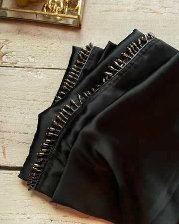 Black Satin Silk Saree With Handmade Tassels On Pallu