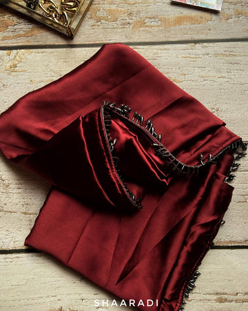 Dark Red Satin Silk Handmade Tassels On Pallu