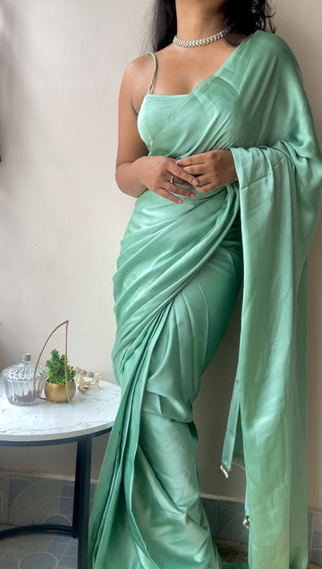 Pista Satin Silk Handmade Tassels On Pallu