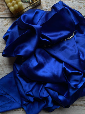 Blue Satin Silk Saree With Handmade Tassels On Pallu