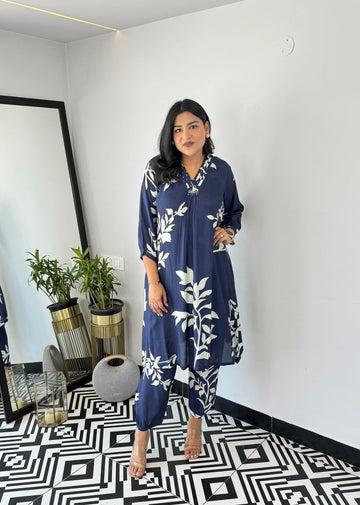 Blue - Autum Floral Kurta Pants