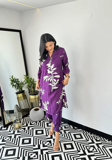 Purple - Autum Floral Kurta Pants