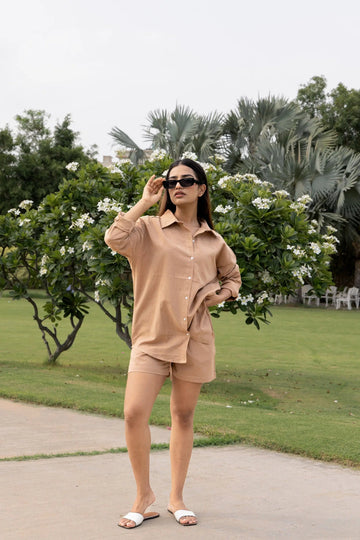 Brown - Oversized Linen-Cotton Shirt & Shorts Set