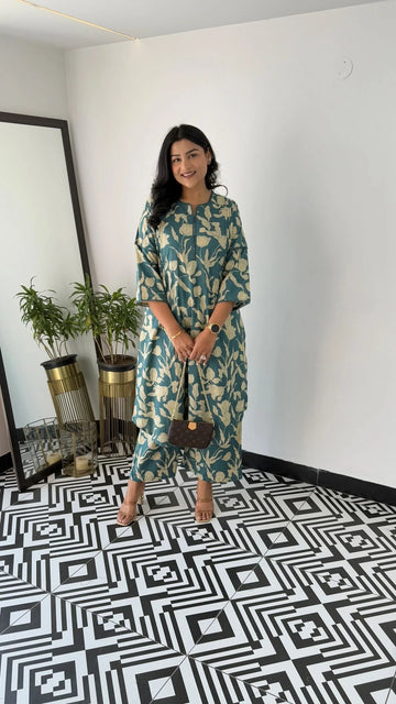 Turquoise - Floral Bloom Kurta Pants