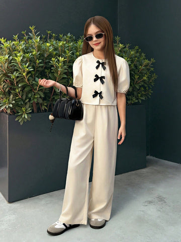 Preteen Girls Casual Round Neck Ruffle Sleeve Top & Long Pants Set