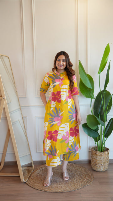 Yellow Floral Cotton A-line Coord Set