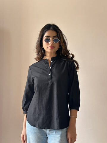 Black - Pure Linen Short Kurta