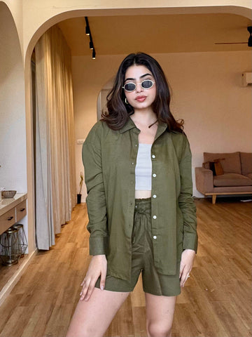 Olive Green - Oversized Linen-Cotton Shirt & Shorts Set