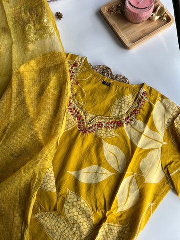 MRINALINI - Yellow Handwork Cotton Kurti Set