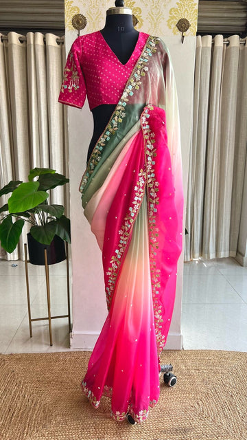 Pink & pista soft organza saree with pink hand work blouse
