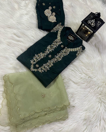 Green Musline Kurti Pant with Organza Dupttaa set