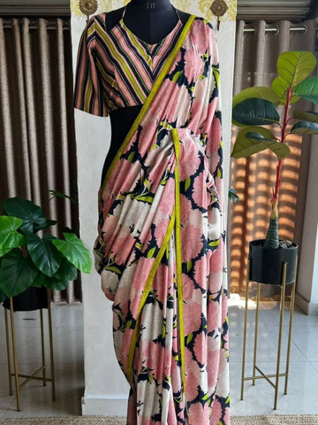 Midnight Pink Floral Lilan Ready To Wear Saree with Stripped Printed Blouse Summer Collection