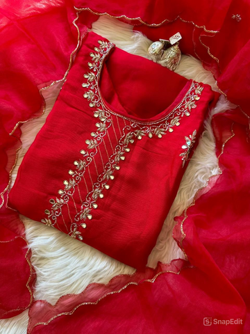 Red hand work kurta set with dupatta