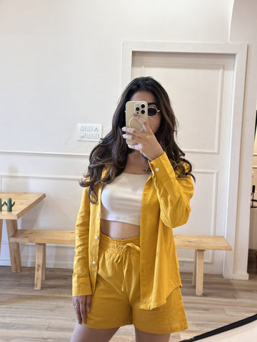 Yellow - Oversized Linen-Cotton Shirt & Shorts Set