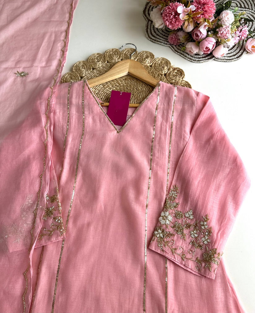K070 - Mul Chanderi handwork Aline Kurti with pants and dupatta in