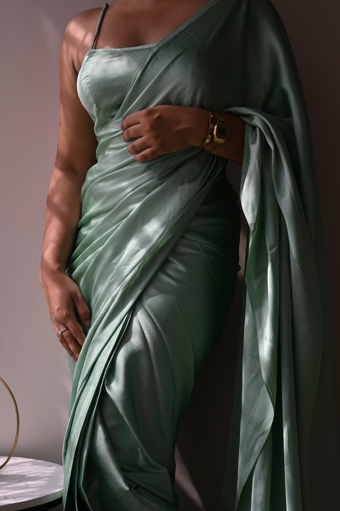 Pista Satin Silk Handmade Tassels On Pallu