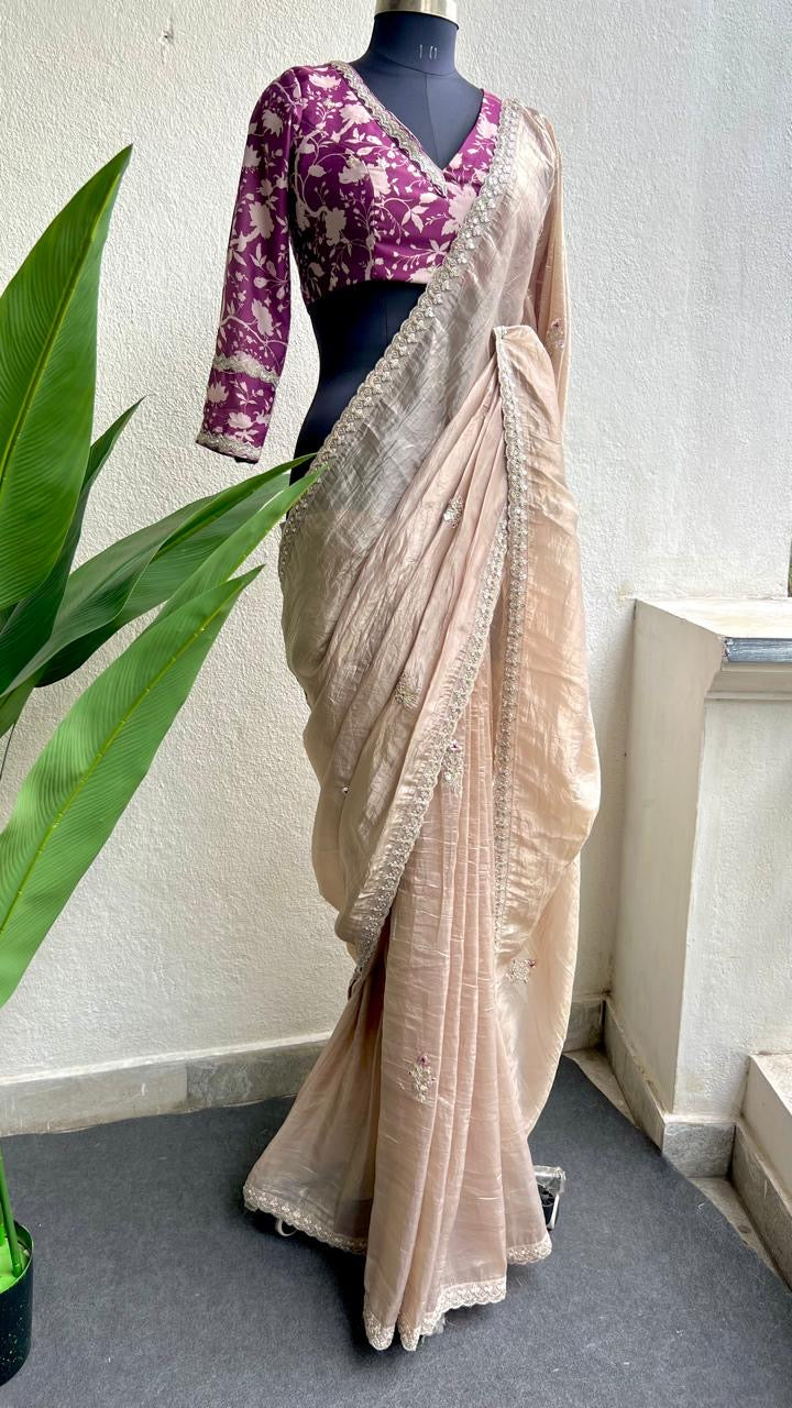 Cream soft tissue saree with wine floral embroidery blouse