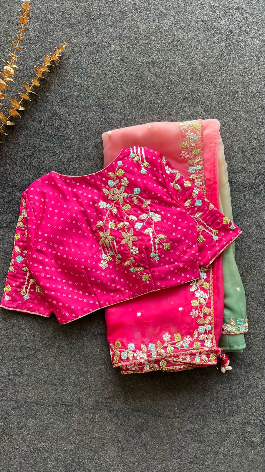 Pink & pista soft organza saree with pink hand work blouse