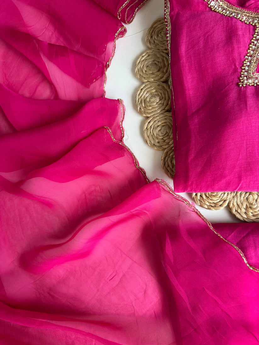 Mul Chanderi handwork Aline Kurti with pants and dupatta