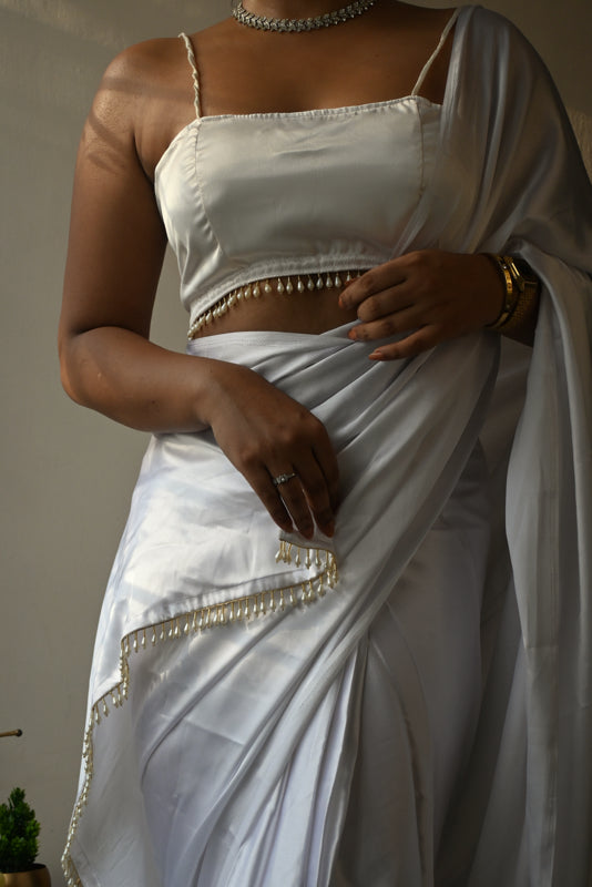 White Satin Silk Handmade Tassels On Pallu