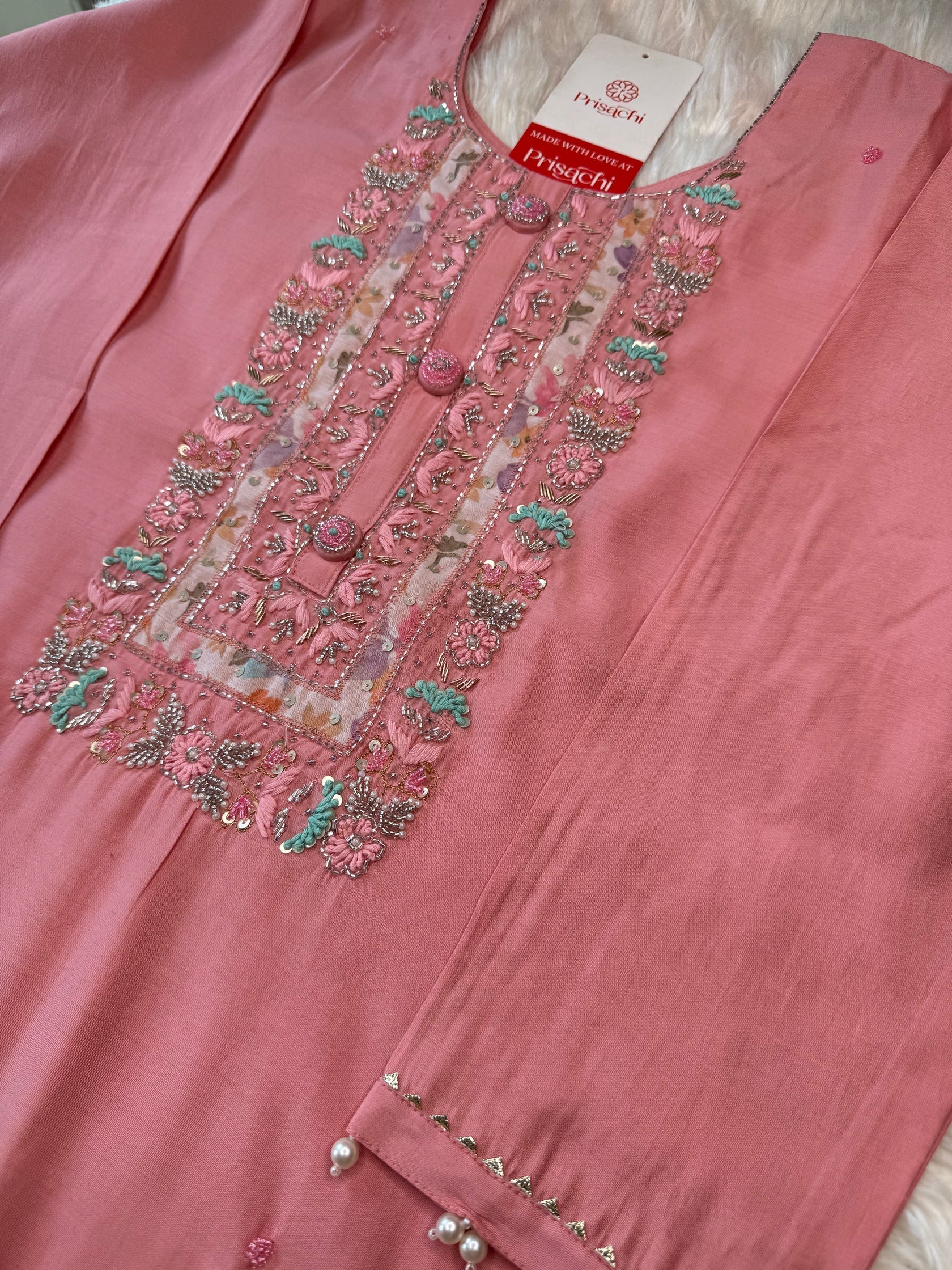 Pink cotton silk embroidered straight kurta set with dupatta