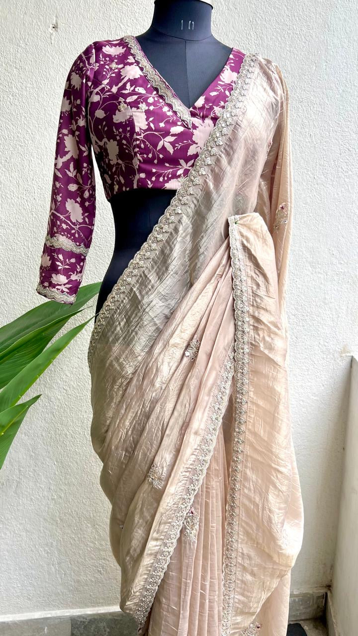 Cream soft tissue saree with wine floral embroidery blouse