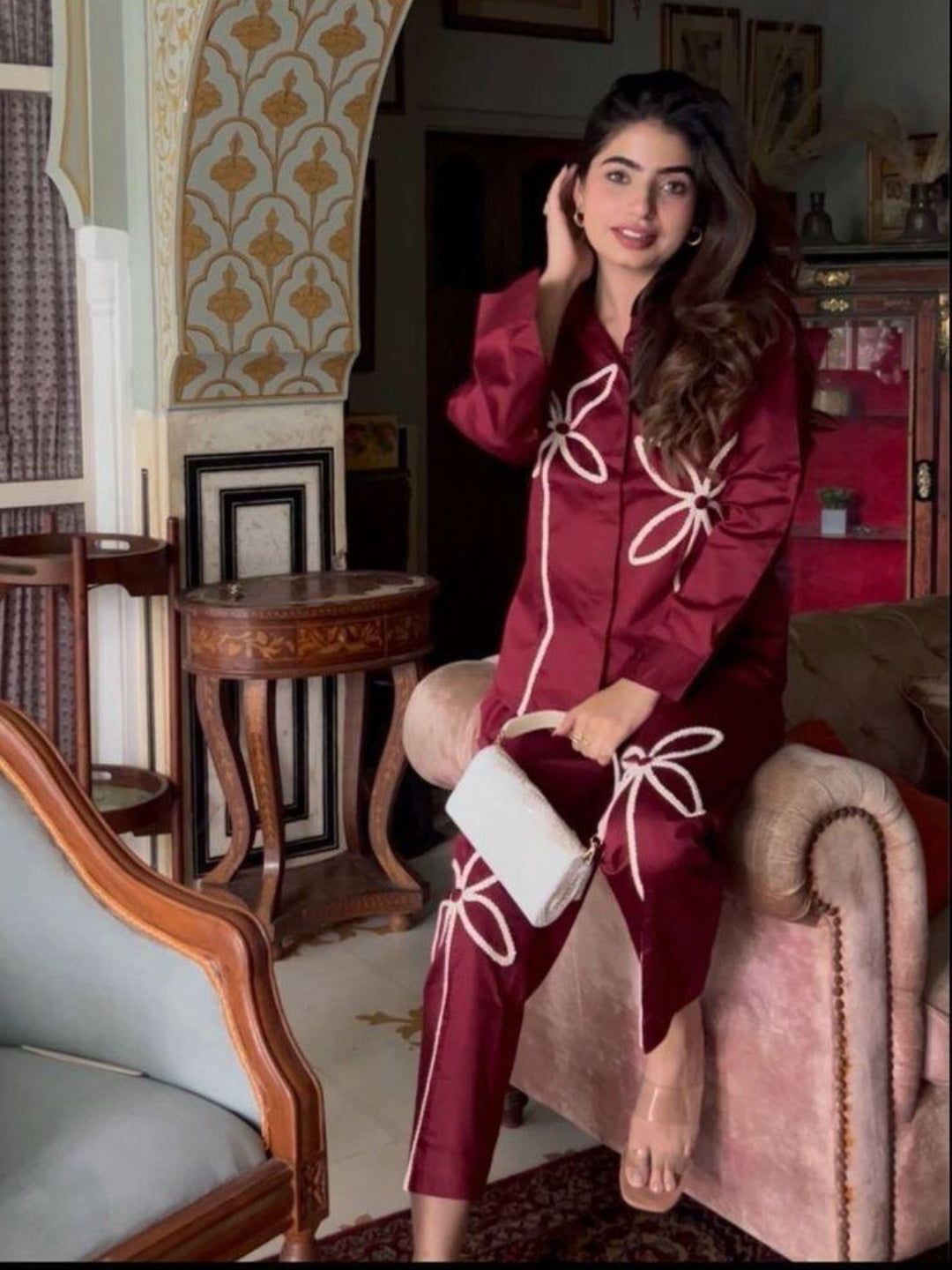 Wine Italian Cotton Co-ord Set With Lace detaling