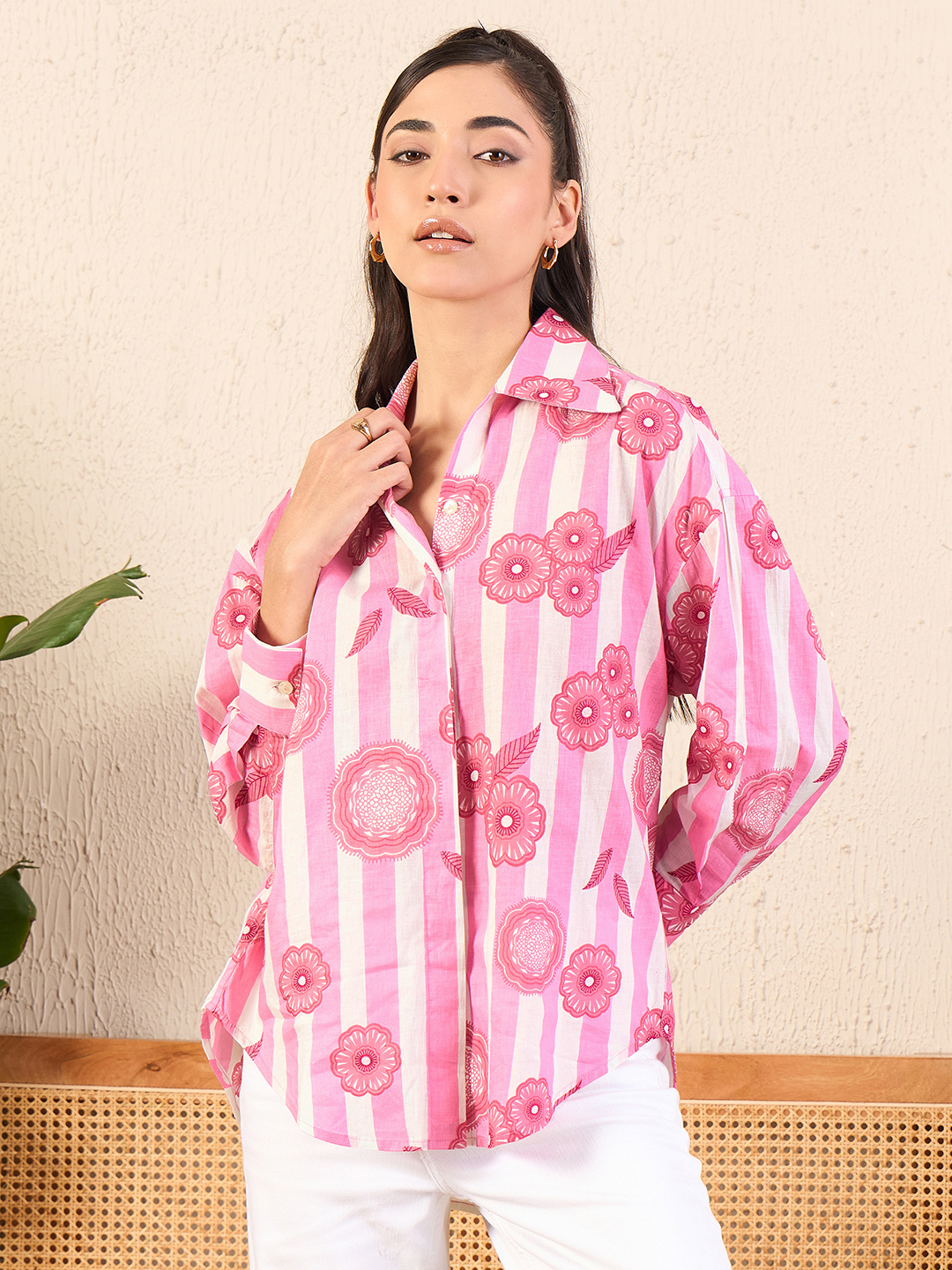 Printed Asymmetrical Cotton Pink Shirt