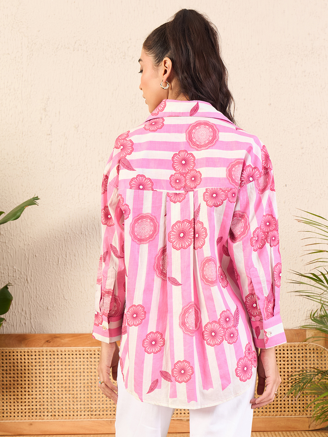 Printed Asymmetrical Cotton Pink Shirt