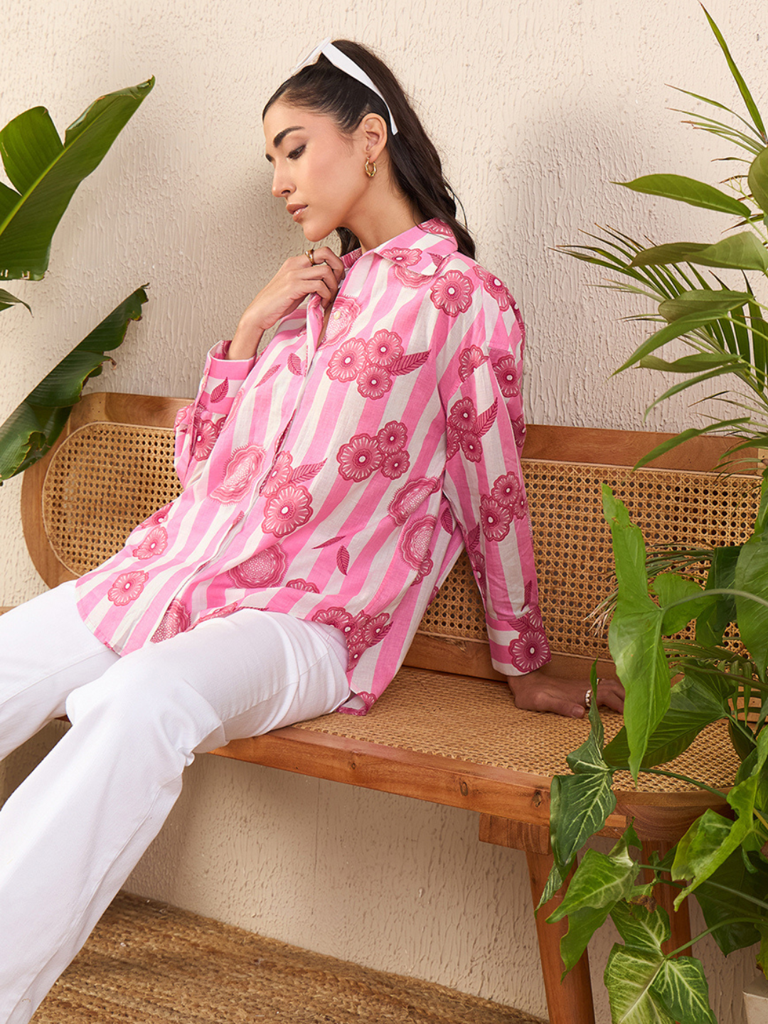 Printed Asymmetrical Cotton Pink Shirt