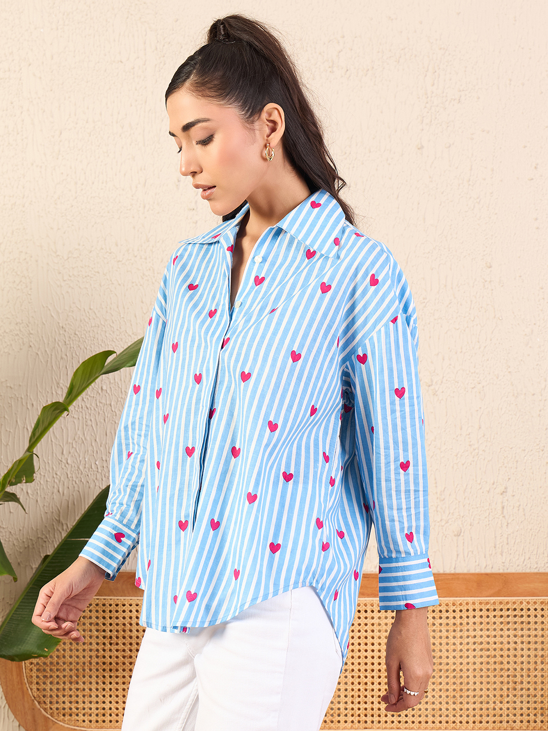 Printed Asymmetrical Cotton Blue Shirt