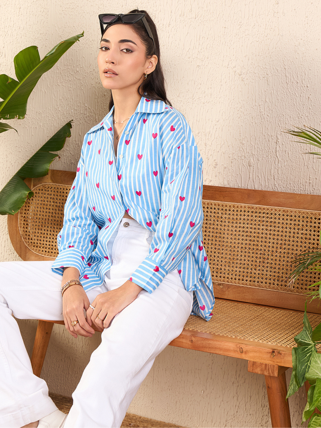 Printed Asymmetrical Cotton Blue Shirt