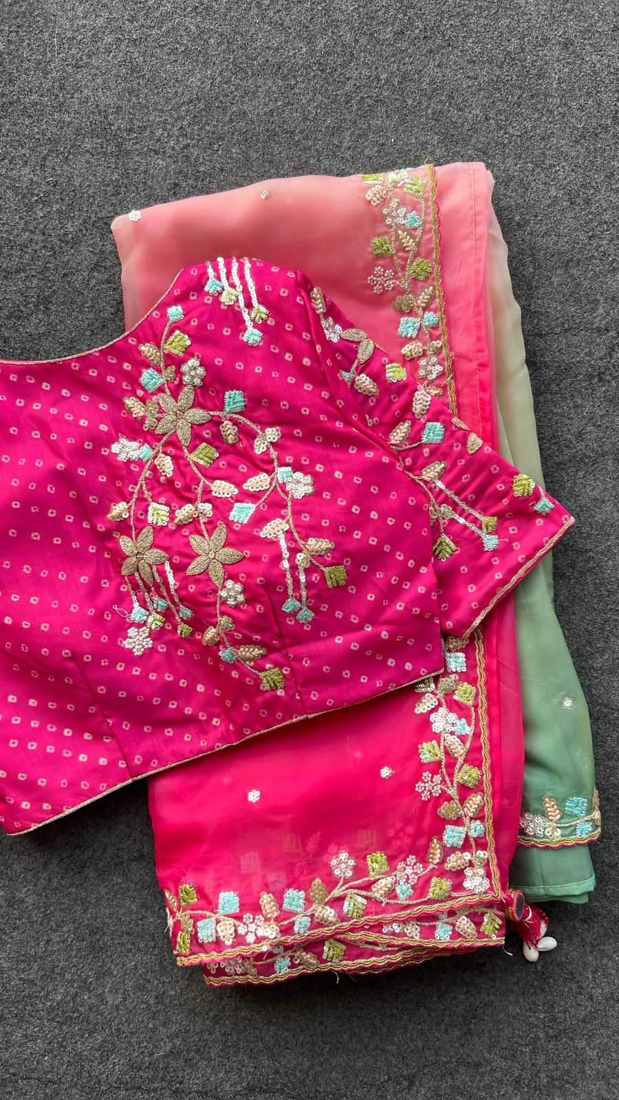 Pink & pista soft organza saree with pink hand work blouse
