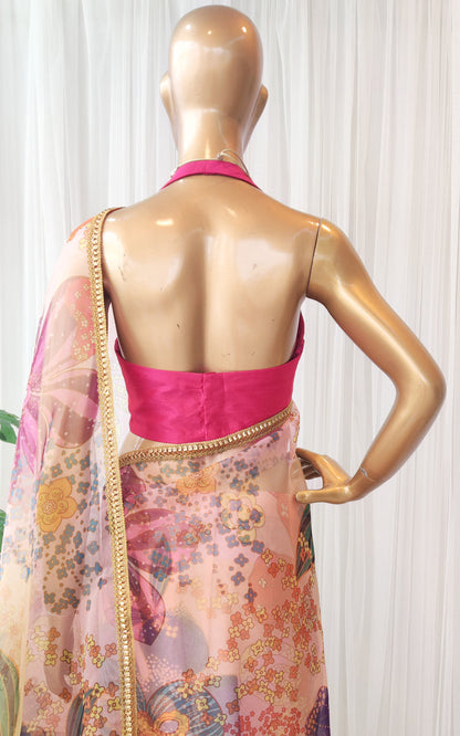 Vintage Pink Multi Color Floral Organza Saree