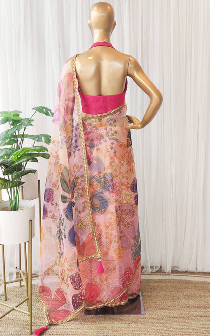 Vintage Pink Multi Color Floral Organza Saree