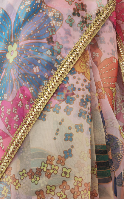 Vintage Pink Multi Color Floral Organza Saree