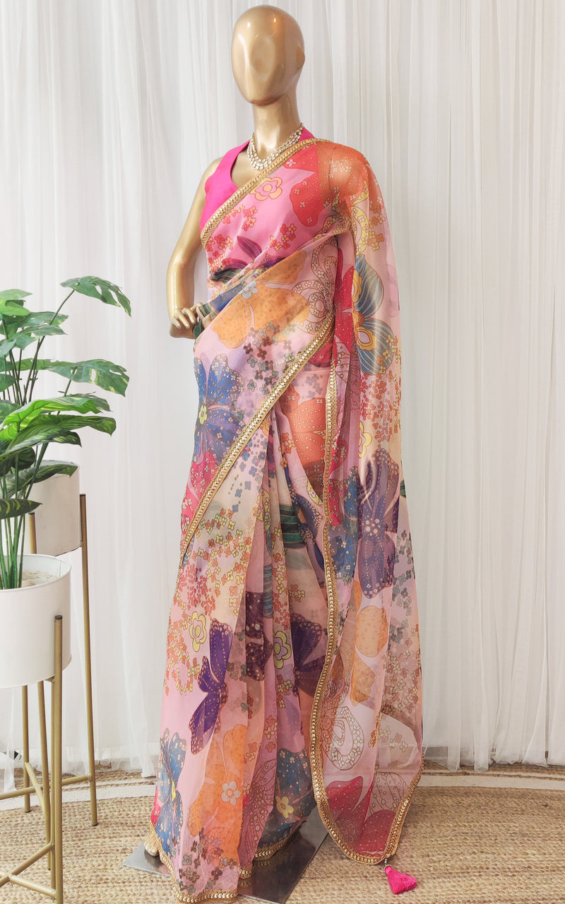 Vintage Pink Multi Color Floral Organza Saree