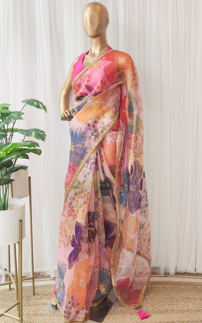 Vintage Pink Multi Color Floral Organza Saree