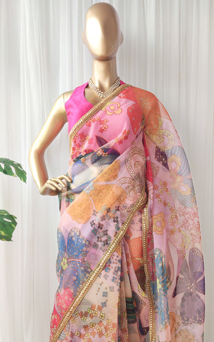 Vintage Pink Multi Color Floral Organza Saree