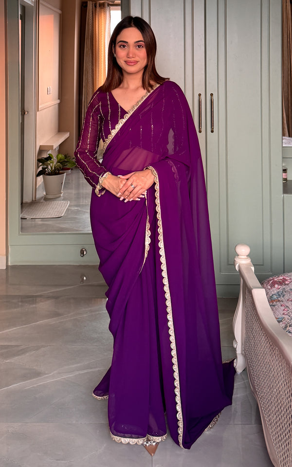 Purple Georgette Zari Work Saree