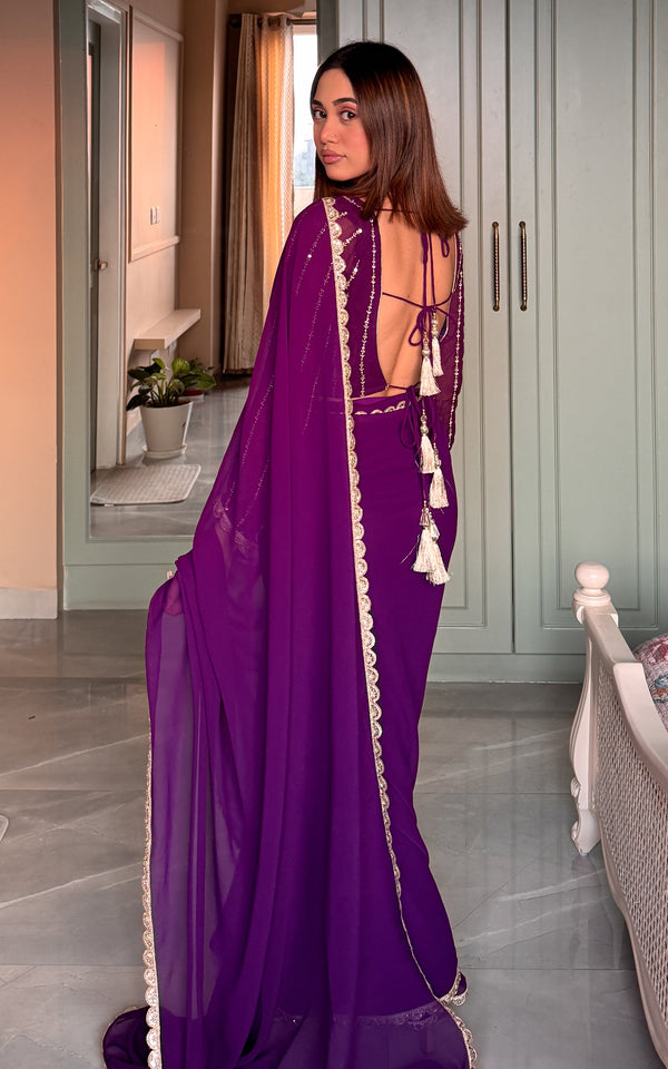 Purple Georgette Zari Work Saree
