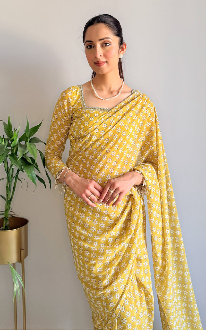 Lime Starry Mirror and Pearl Detail Stitched Saree