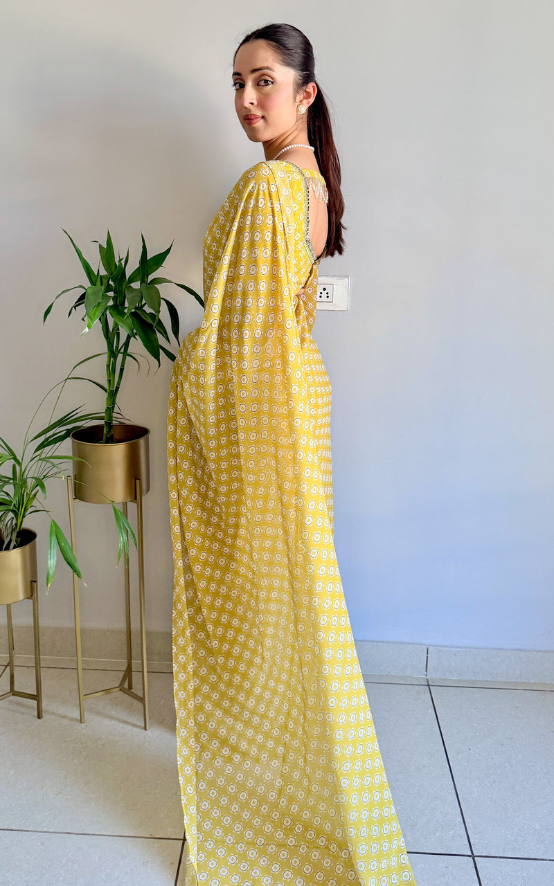 Lime Starry Mirror and Pearl Detail Stitched Saree